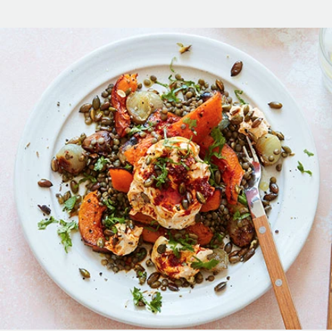 Slow-roast squash & garlic lentils with harissa yogurt
