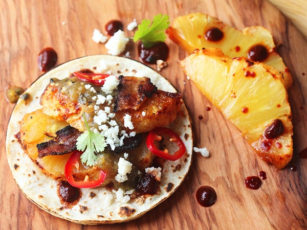 Slow-roasted bacon-wrapped-pineapple tacos