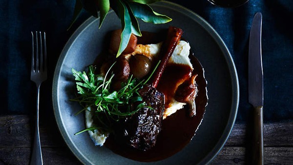 Slow-roasted balsamic lamb shanks with cauliflower puree