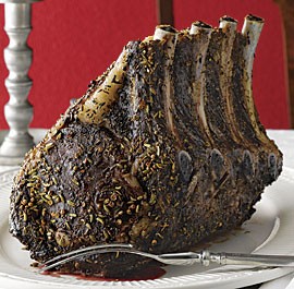 Slow-roasted beef standing rib roast with brown ale butter sauce