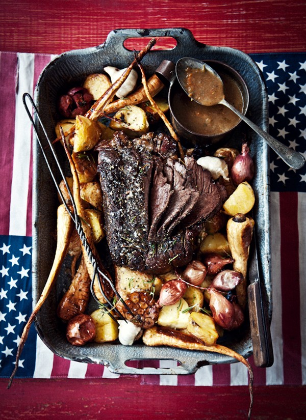 Slow-roasted beer and black pepper beef with root veg and pan gravy
