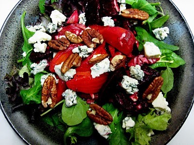 Slow-roasted beets with buttermilk blue cheese, arugula, and toasted pecans