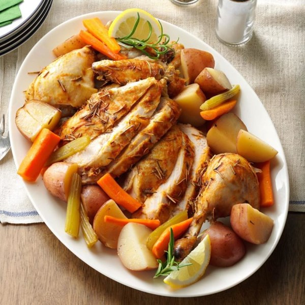 Slow-roasted chicken with vegetables