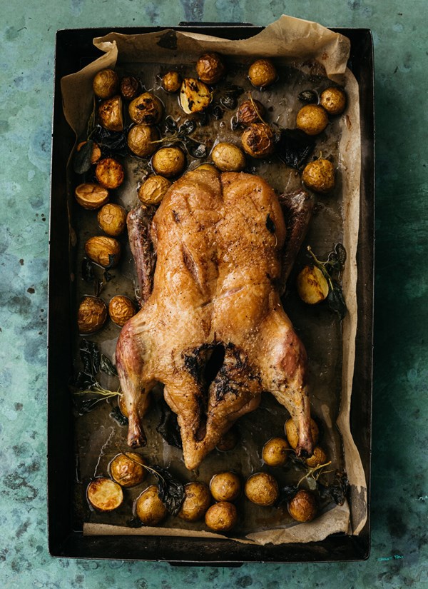 Slow-roasted duck with potatoes and sage