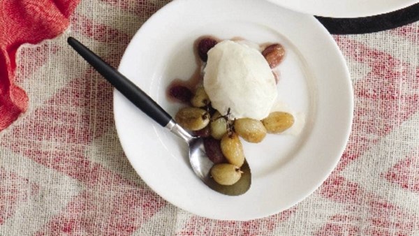 Slow-roasted grapes with grappa and gelato