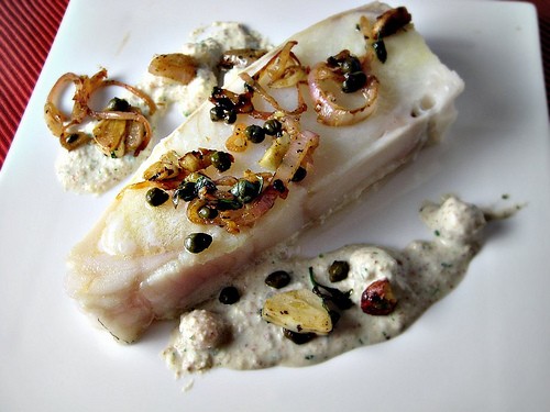 Slow-roasted halibut with fried capers, caramelized lemon and almonds