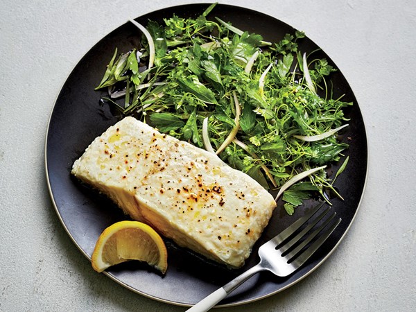 Slow-roasted halibut with herb salad