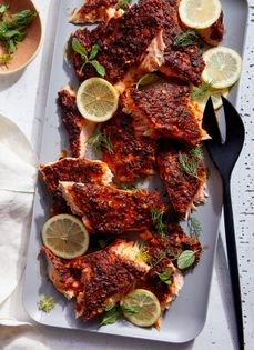 Slow-roasted harissa salmon