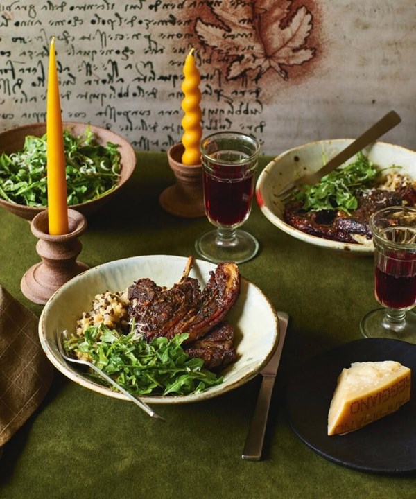 Slow-roasted lamb chops with brown rice & lentil risotto