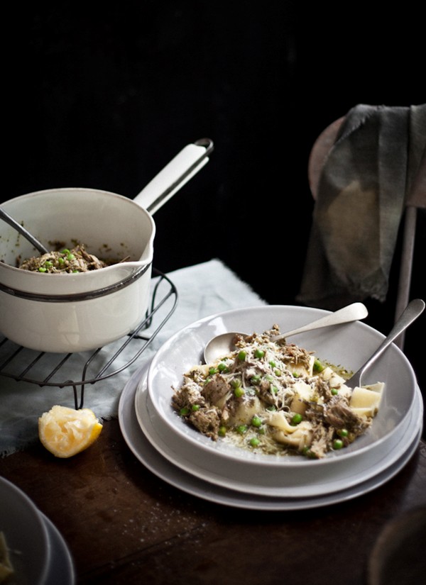 Slow roasted lamb pappardelle with garden peas and mint