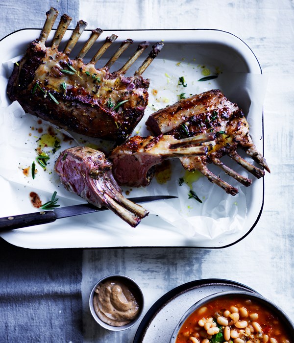 Slow-roasted lamb rack with white beans and black garlic aïoli