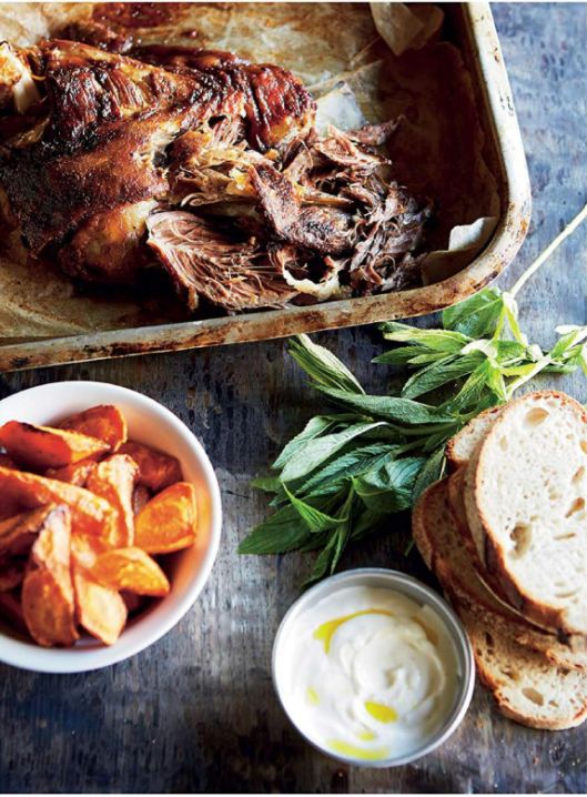 Slow-roasted lamb shoulder, roast carrots, labne and mint