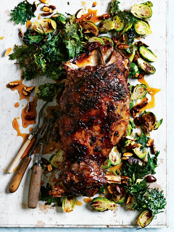 Slow-roasted lamb shoulder with Brussels sprouts and crispy kale