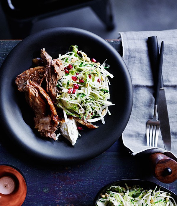 Slow-roasted lamb shoulder with Brussels sprout slaw