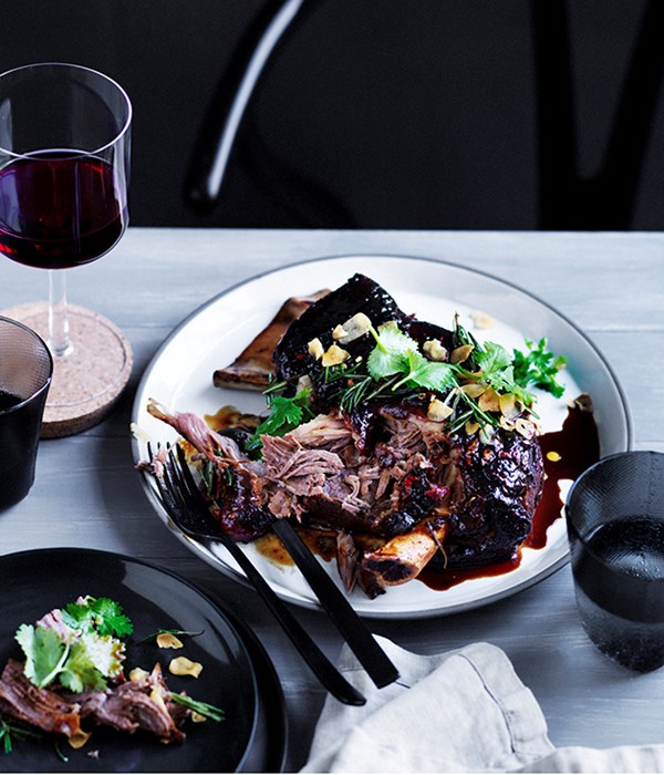 Slow-roasted lamb shoulder with yellow bean, cumin and chilli