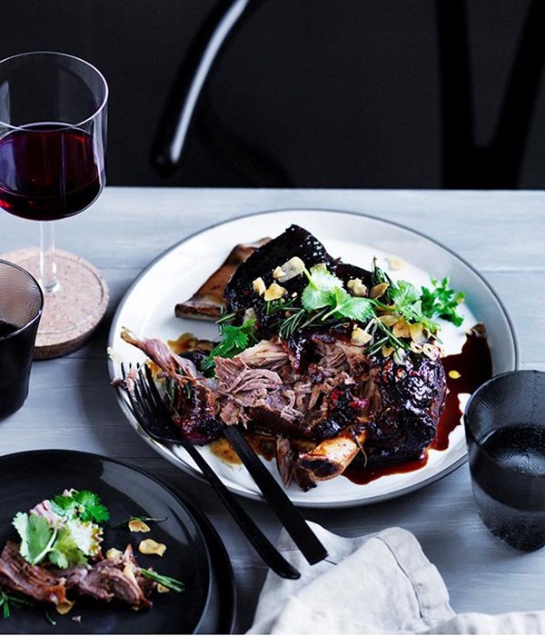 Slow-roasted lamb shoulder with yellow bean, cumin and chilli