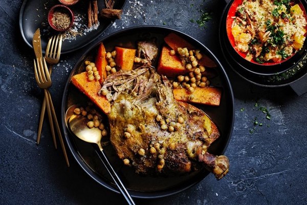 Slow-roasted lamb shoulder with orange & date couscous