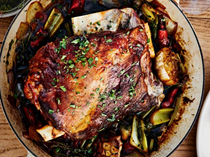Slow-roasted lamb shoulder with shallots and white wine