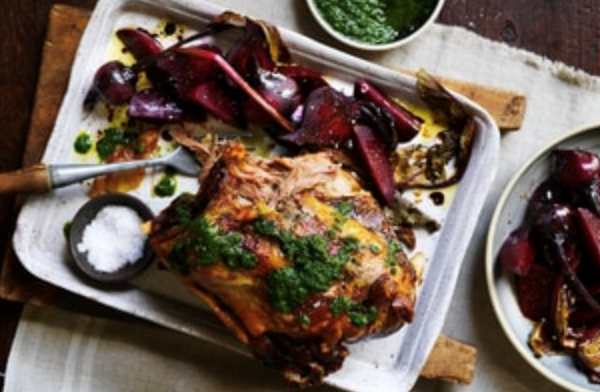 Slow-roasted lamb shoulder with beetroot and mint salsa