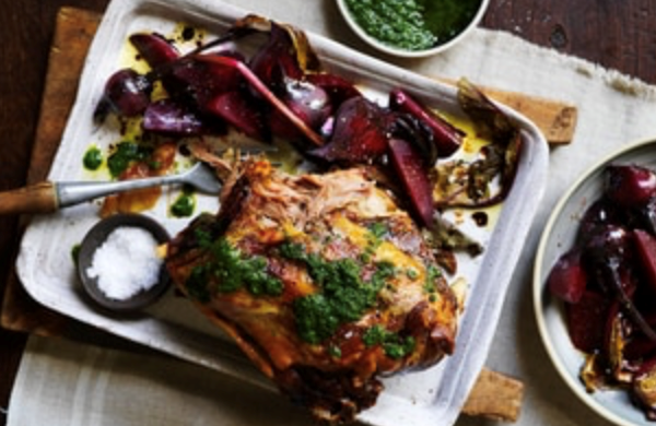 Slow-roasted lamb shoulder with beetroot and mint salsa