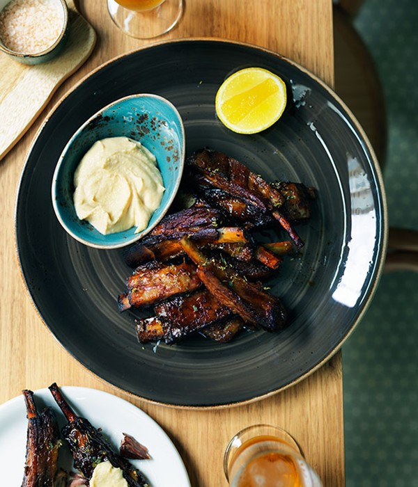 Slow-roasted lamb spare ribs with thyme honey and ouzo glaze