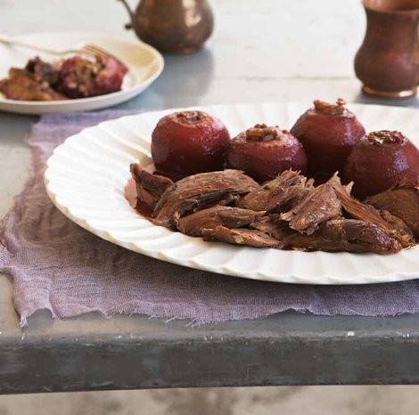 Slow-roasted lamb with apples poached in pomegranate