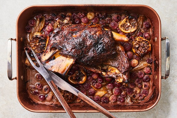 Slow-roasted lamb with grapes