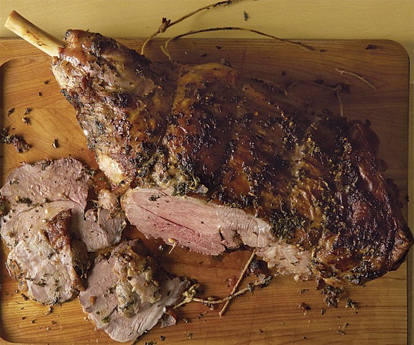 Slow-roasted leg of lamb with mint and lemon