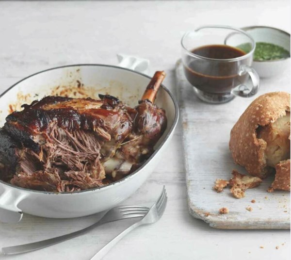 Slow-roasted leg of lamb with fresh mint sauce