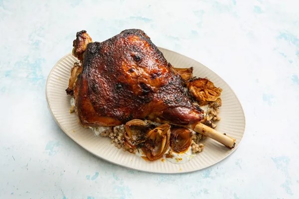 Slow-roasted leg of lamb with ras el hanout and apricot glaze