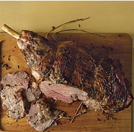 Slow-roasted leg of lamb with mint and lemon