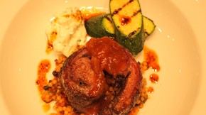 Slow-roasted merino shoulder with Israeli couscous, apricot chutney and sheep's milk feta