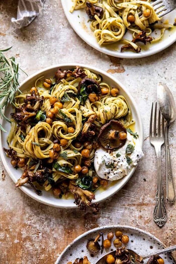 Slow roasted mushroom pasta with crisp rosemary chickpeas