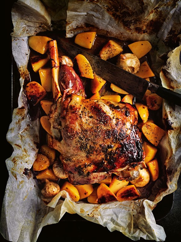 Slow-roasted oregano lamb and potatoes in parchment
