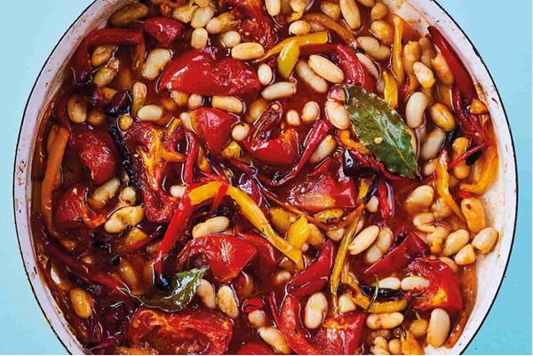 Slow roasted peppers with chilli, lemon & garlic beans