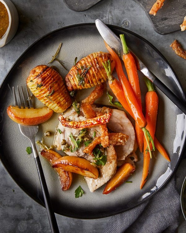 Slow-roasted pork belly with lemon, parsley and caper gremolata