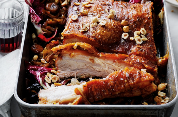 Slow-roasted pork belly with Amaro-glazed chestnuts and radicchio