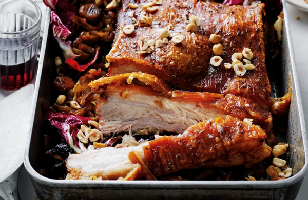 Slow-roasted pork belly with Amaro-glazed chestnuts and radicchio