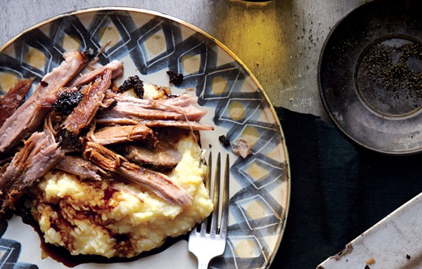 Slow-roasted pork shoulder with mustard and sage