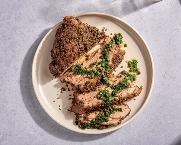 Slow-roasted pork shoulder with fennel, garlic and rosemary