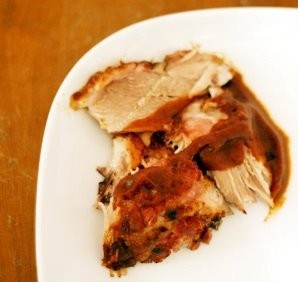 Slow roasted pork shoulder with pear butter barbecue sauce