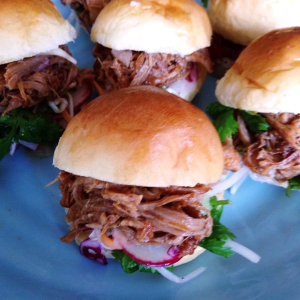 Slow roasted pulled pork sliders with Asian slaw