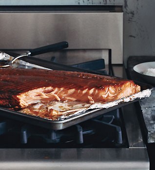 Slow-roasted red-wine-lacquered salmon fillet
