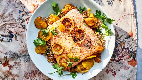 Slow-roasted-salmon salad with barley and golden beets