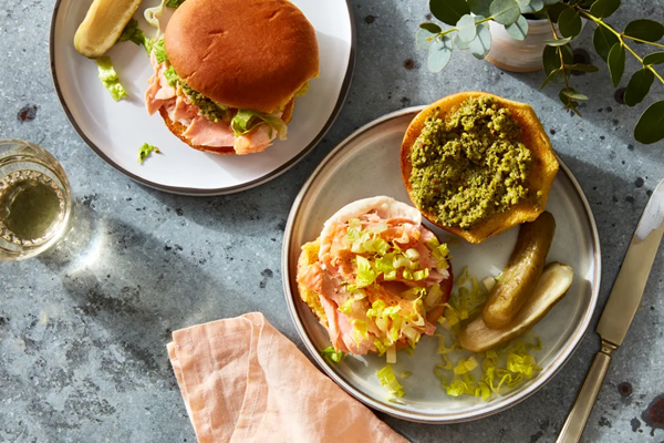 Slow-roasted salmon sandwiches with tangy olive relish