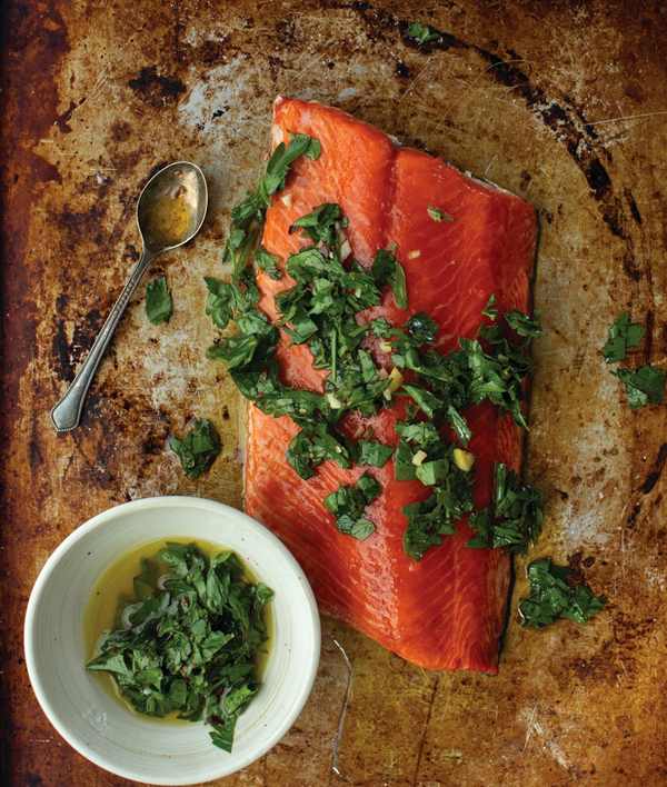 Slow-roasted salmon with chimichurri