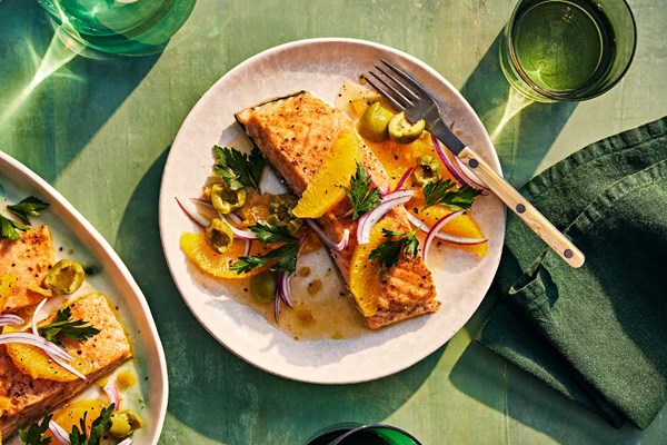 Slow-roasted salmon with citrus-olive relish