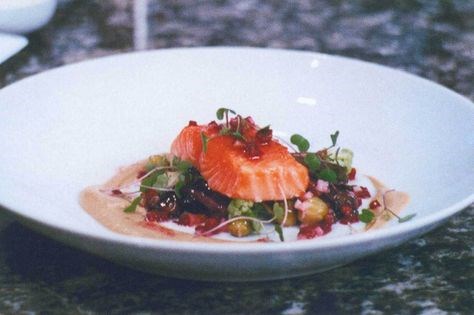 Slow-roasted salmon with coriander-infused chicken liver sauce [Charlie Trotter]