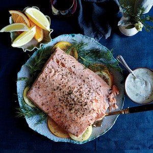 Slow-roasted salmon with dill cream