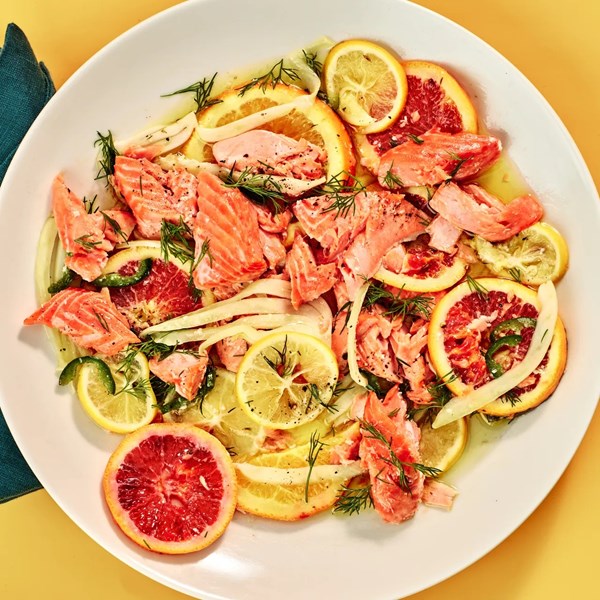 Slow-roasted salmon with fennel, citrus, and chiles